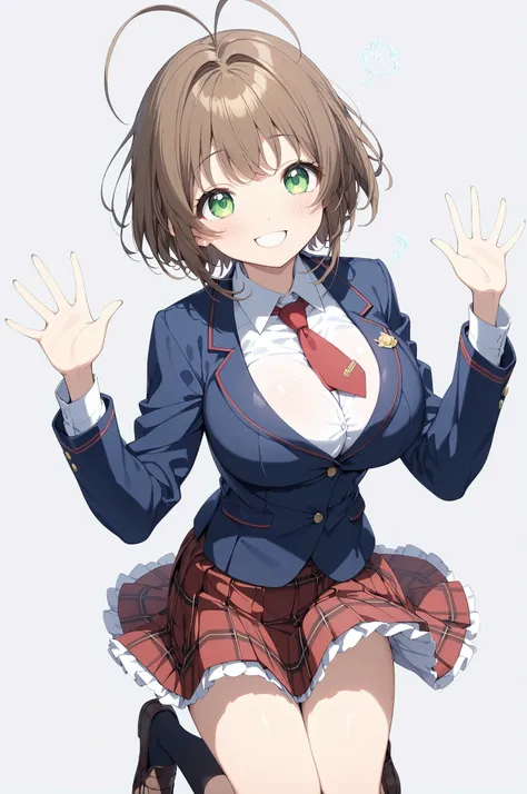 (high quality Animation Art, Super Best masterpiece, 16K, Highest image quality, super high resolution, super high degree of perfection of the work), 1girl, solo, 
(brown bob hair, antenna hair, bangs, stupid hair, hair intake , green eyes), (super very cu...