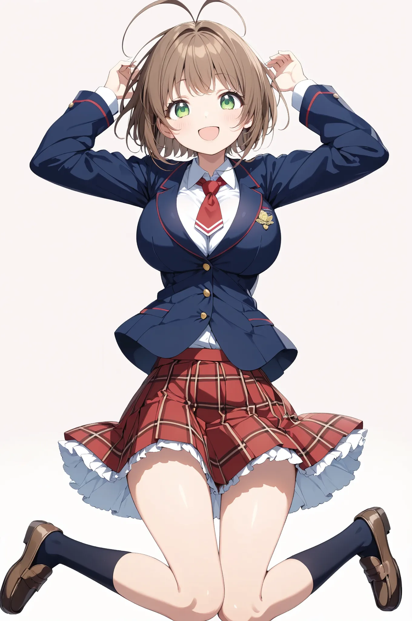 (high quality Animation Art, Super Best masterpiece, 16K, Highest image quality, super high resolution, super high degree of perfection of the work), 1girl, solo, 
(brown bob hair, antenna hair, bangs, stupid hair, hair intake , green eyes), (super very cu...
