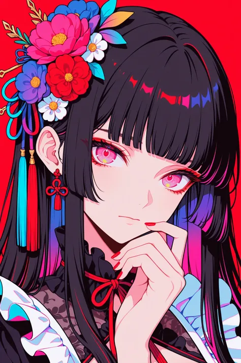 
woman, solo, red nails, looking at viewer, bangs, pink eyes, long hair, black hair, hair ornament, hand up, flower, blunt bangs, closed mouth, tassel, ribbon, portrait, colorful, red background, frills, multicolored hair, upper body,