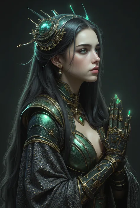 mysterious and beautiful female humanoid creature with glowing green eyes embedded in its iridescent armor, her hands are clasped together as if in prayer, elegant futuristic kimono with gold accents, monochrome color scheme, dramatic studio lighting, ultr...