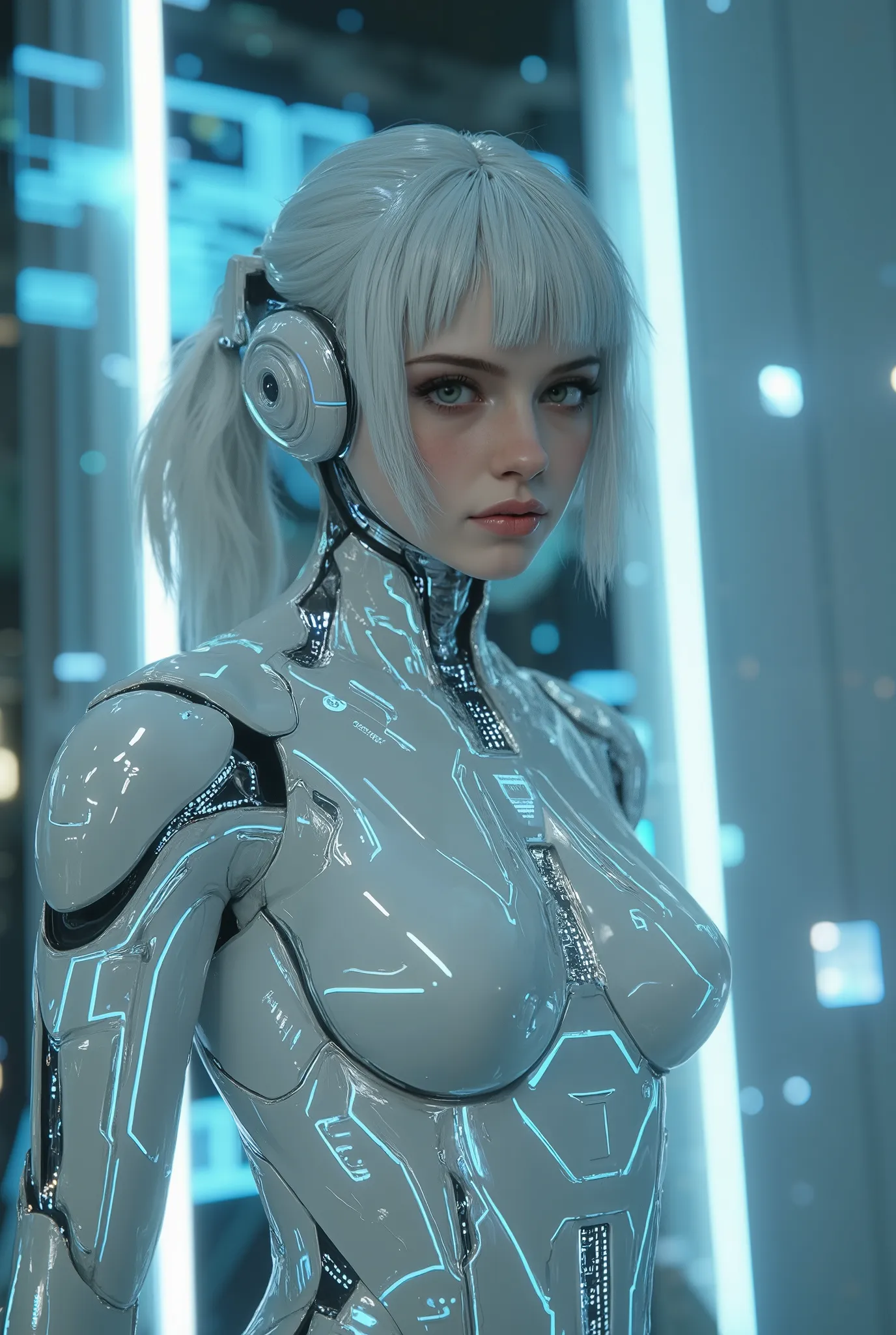 (best quality, 4k, highres, masterpiece:1.2) , ultra-detailed, (realistic, photorealistic:1.37), a sleek, emotionless AI girlfriend standing still, with pale synthetic skin, glowing lines on her body, featureless metallic eyes, and a chrome bodysuit. Her f...