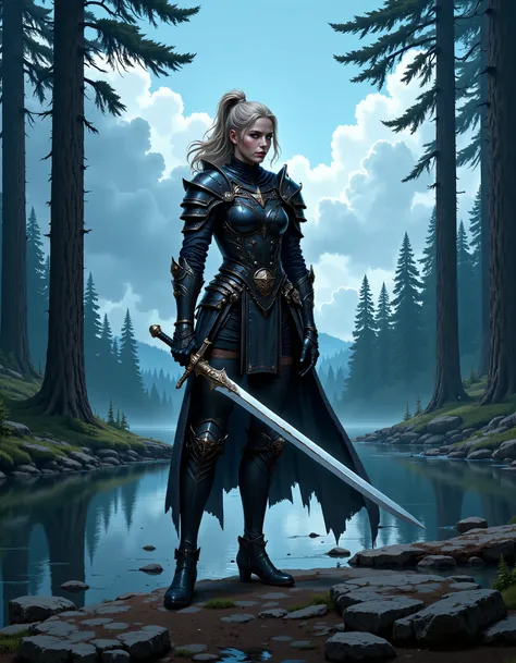 In RPG style, in style of Dungeons & Dragons, in style of fantasy painting. Full body view, looking at the viewer. Image of a female warrior, holding a sword with dark blade. Dark Armor. Dark pants. High leather boots with small heels. Blonde hair. ponytai...