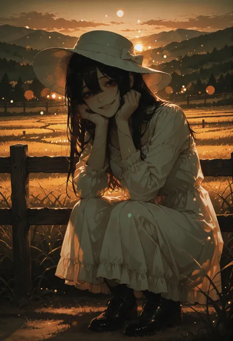 evening, dim atmosphere, Horror depictions, Woman hiding her face with a hat, 240cm tall woman, Eight feet, Creepy Woman , Peeking from the other side of the fence, Wearing a White Dress, white hat, Hide your face with a hat, dark haired, long hair, Shiny...