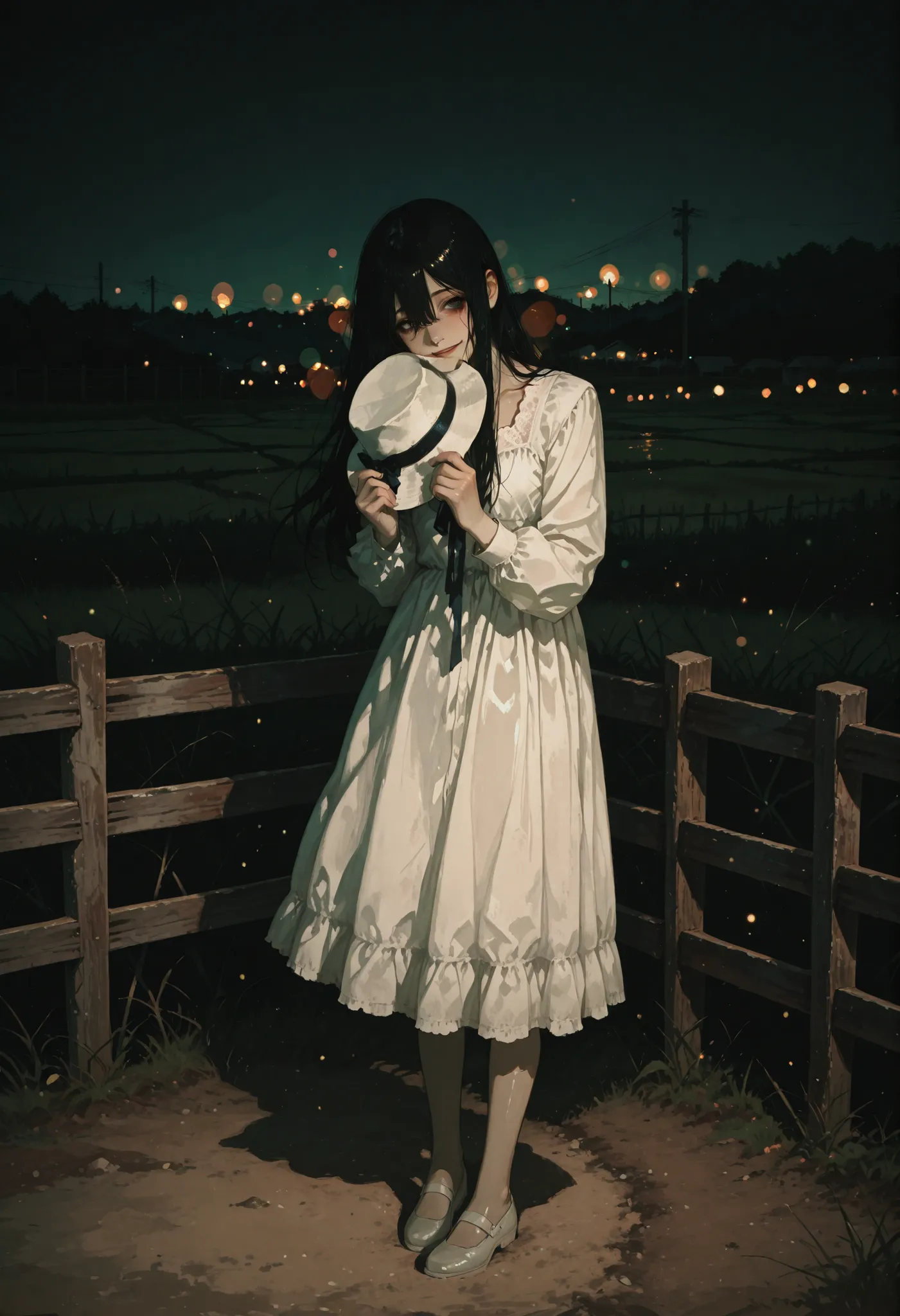 evening, dim atmosphere, Horror depictions, Woman hiding her face with a hat, 240cm tall woman, Eight feet, Creepy Woman , Peeking from the other side of the fence, Wearing a White Dress, white hat, Hide your face with a hat, dark haired, long hair, Shiny...