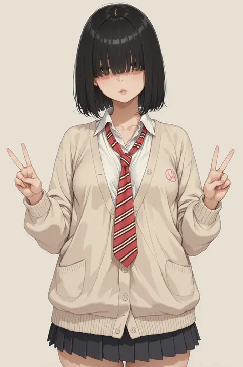 1 girl, short black hair, bangs over eyes, voluptuous, small breasts, loose cardigan, white shirt, red striped tie, pleated skirt, simple background, look at viewer, peace sign 