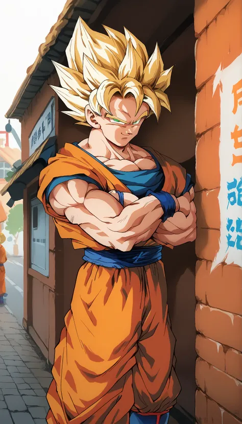 score_9, score_8_up, score_7_up, source_anime, 1boy, solo, Son Goku Super Saiyan, blonde hair, green eyes, smile, muscular, crossed arms, orange shirt, orange pants, blue boots, standing, Japan street background, by day, from front,