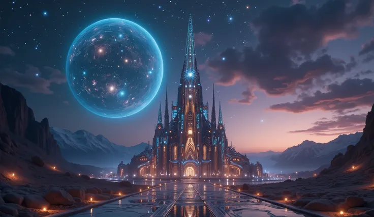 A majestic futuristic palace standing alone in an endless alien desert under a twilight sky. The architecture is tall, sleek, and luminous, with glowing spires and elegant curves. A massive blue planet dominates the sky, while distant rocky mesas and snowy...