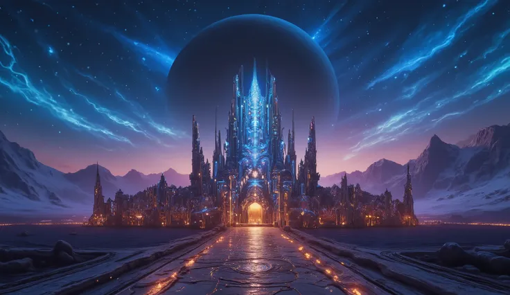 A majestic futuristic palace standing alone in an endless alien desert under a twilight sky. The architecture is tall, sleek, and luminous, with glowing spires and elegant curves. A massive blue planet dominates the sky, while distant rocky mesas and snowy...