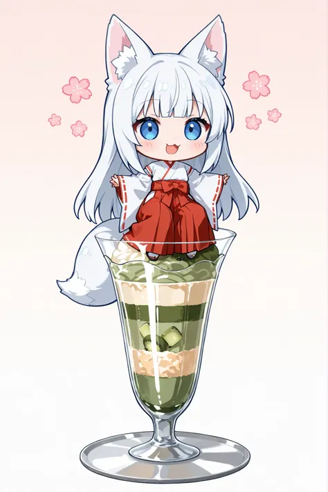 ((Masterpiece)),((best quality)),((incredibly absurdres)),((8K)),(anime style),
1 ((chibi girl)),(solo),white hair,long hair,straight hair,blue eyes,cute,kawaii,BREAK (white fox ears,white fox tail),white ear hair,pink inner ear,
(miko),Maiden miko outfit,...