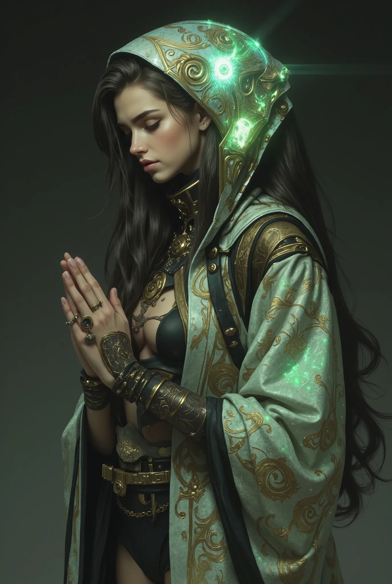 mysterious and beautiful female humanoid creature with glowing green eyes embedded in its iridescent armor, her hands are clasped together as if in prayer, elegant futuristic kimono with gold accents, monochrome color scheme, dramatic studio lighting, ultr...
