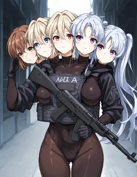 conjoined, 6girls, 6heads, six heads, a tall thin girls with 6heads, extra breasts, elaina, purple eyes and white hair, long hair, majo no tabitabi, misaka mikoto brown eyes and brown hair, short hair, A Certain Scientific Railgun, Yor Forger, red eyes and...