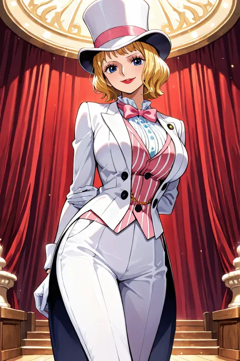 (masterpiece, vibrant colors), solo, 1girl, stussy, one piece, short hair, blonde hair, red lipstick, blue eyes, sleek legs, large breasts, (white silk top hat, pink band, snug fit), white tailcoat, pink pinstripe vest under tailcoat, pink bowtie, white dr...