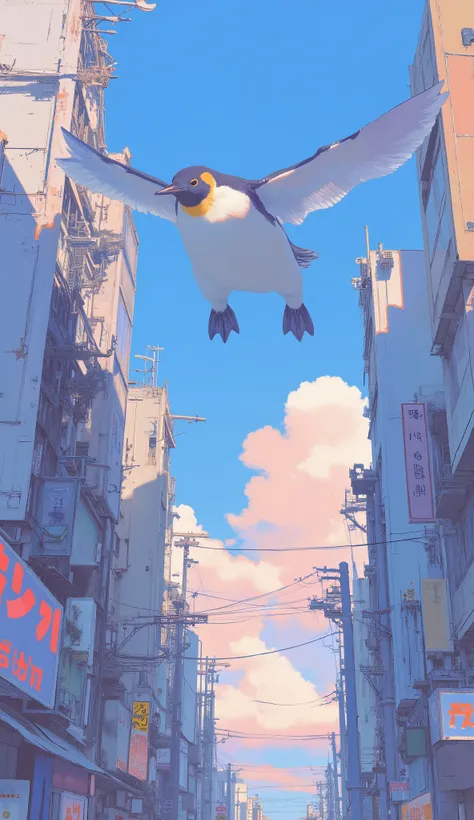 A penguin flying through the streets of Tokyo、Blue Sky、Backlight