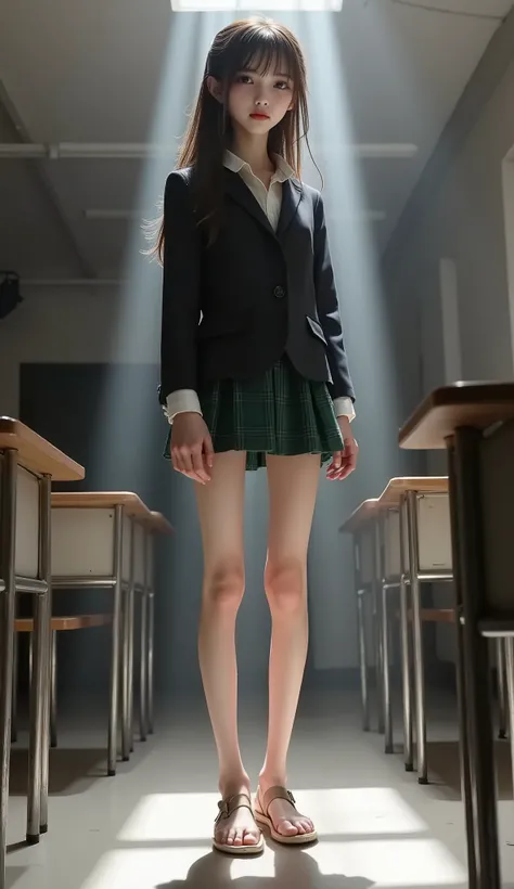 at night, (A strong light shines on her, darkening everything else.),(full body shot:1.4), (shot from a low position:1.4), (shot from below the floor:1.4), anorexic,女の子,可愛い,girl,gal,cute ung girl,cute young girl, (long legs:1.4), (short torso:1.4), (slim ...