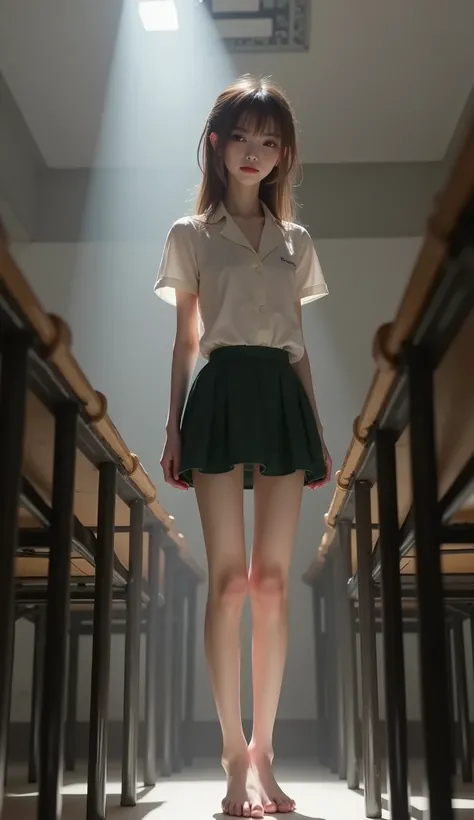 at night, (A strong light shines on her, darkening everything else.),(full body shot:1.4), (shot from a low position:1.4), (shot from below the floor:1.4), anorexic,女の子,可愛い,girl,gal,cute ung girl,cute young girl, (long legs:1.4), (short torso:1.4), (slim ...