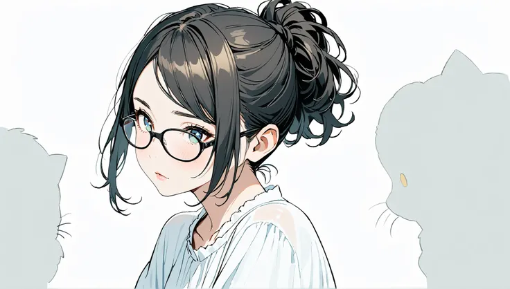 (white background))、((alone)),、(()),((Facing a black cat)),((),((Front view)),Unruly Look,((black hair ponytail hairstyle)),(((black-rimmed glasses))),masterpiece, Highest quality, Beautiful attention to detail, Very detailed, In detail, High resolution, (...