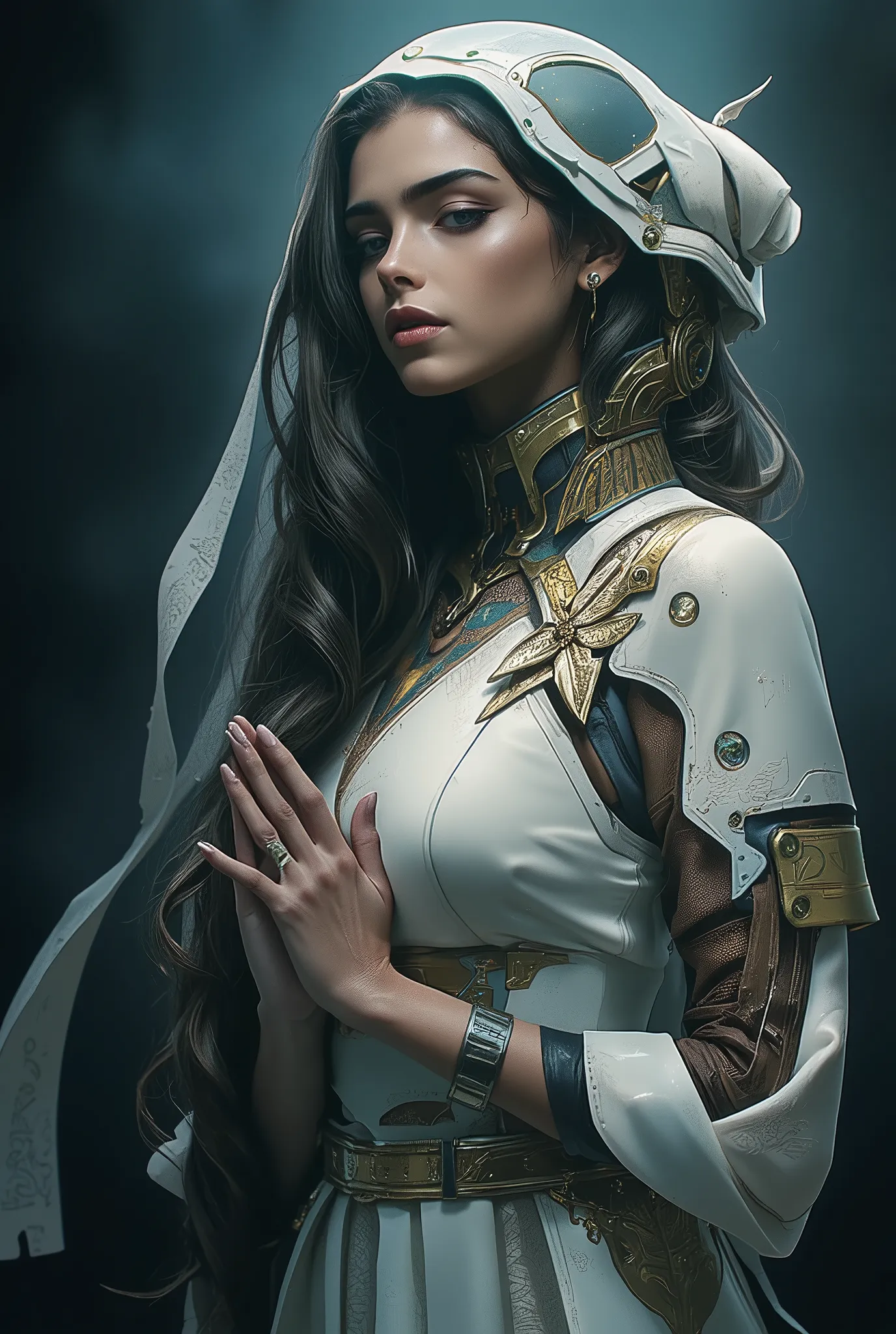 (best quality, 4k, highres, masterpiece:1.2) , ultra-detailed, (realistic, photorealistic:1.37), mysterious and beautiful female humanoid creature with glowing green eyes embedded in its iridescent armor, her hands are clasped together as if in prayer, ele...