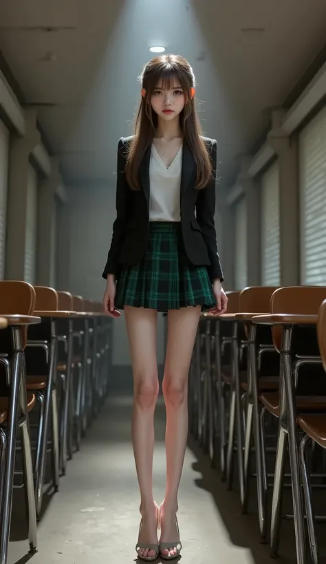 at night, (A strong light shines on her, darkening everything else.),(full body shot:1.4), (shot from a low position:1.4), (shot from below the floor:1.4), anorexic,女の子,可愛い,girl,gal,cute ung girl,cute young girl, (long legs:1.4), (short torso:1.4), (slim ...