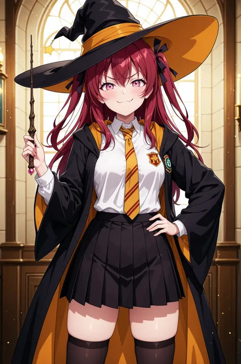 1girl ,blush ,closed mouth ,hair between eyes ,hair ribbon ,long hair ,looking at viewer ,pink eyes ,dark red hair ,small breasts ,smile ,solo ,thighhighs ,two side up ,v-shaped eyebrows ,black skirt ,hat ,hogwarts school uniform ,hufflepuff ,necktie ,plea...