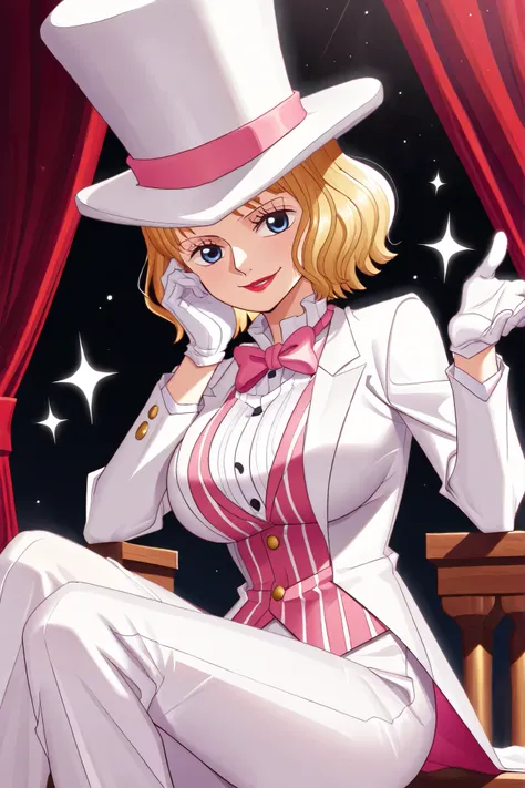(masterpiece, vibrant colors), solo, 1girl, stussy, one piece, short hair, blonde hair, red lipstick, blue eyes, sleek legs, large breasts, (white silk top hat, pink band, snug fit), white tailcoat, pink pinstripe vest under tailcoat, pink bowtie, white dr...