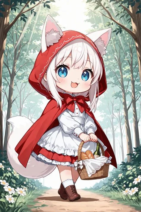 ((Masterpiece)),((best quality)),((incredibly absurdres)),((8K)),(anime style),
1 ((chibi girl)),(solo),white hair,long hair,straight hair,blue eyes,cute,kawaii,BREAK (white fox ears,white fox tail),white ear hair,pink inner ear,
Little Red Riding Hood cos...