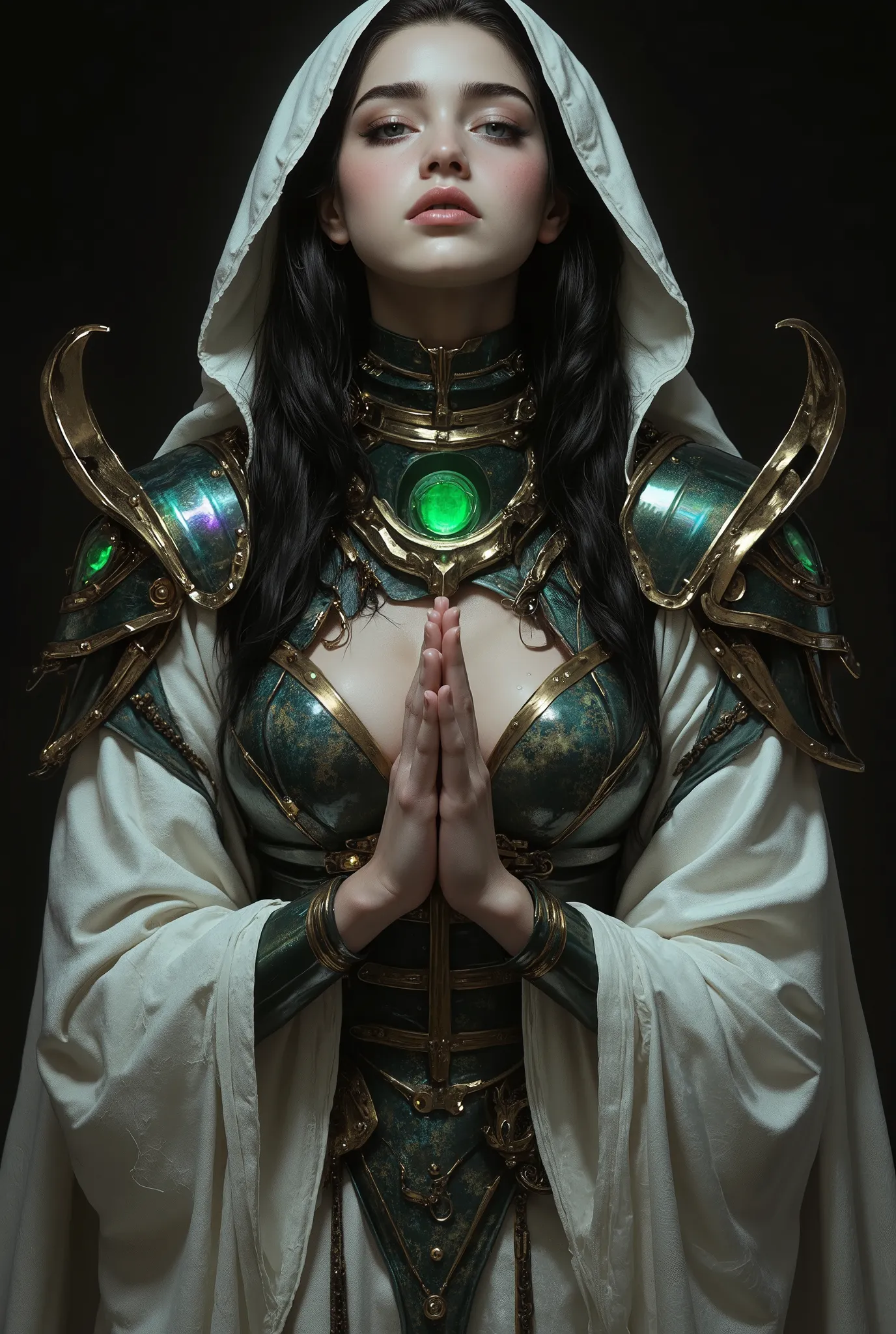 (best quality, 4k, highres, masterpiece:1.2) , ultra-detailed, (realistic, photorealistic:1.37), mysterious and beautiful female humanoid creature with glowing green eyes embedded in its iridescent armor, her hands are clasped together as if in prayer, ele...