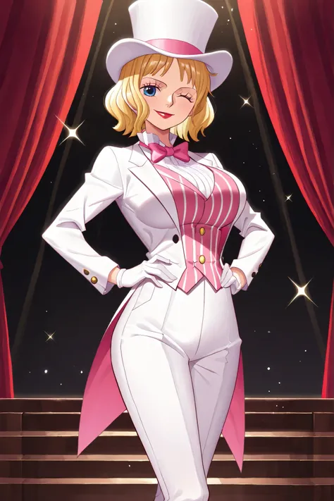 (masterpiece, vibrant colors), solo, 1girl, stussy, one piece, short hair, blonde hair, red lipstick, blue eyes, sleek legs, large breasts, (white silk top hat, pink band, snug fit), white tailcoat, pink pinstripe vest under tailcoat, pink bowtie, white dr...