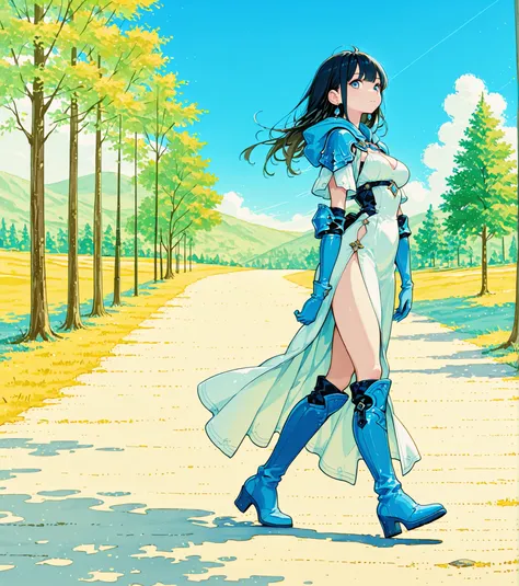 1girl, solo, gloves, boots, outdoors, jewelry, hood, tree, earrings, full_body, dress, knee_boots, breasts, looking_at_viewer, blue_gloves, day, walking, shadow, blue_footwear, sky, white_dress, black_hair, side_slit, standing, armor