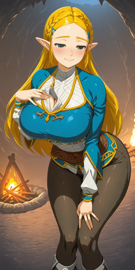 great quality,very aesthetic,非常にhigh resolution,best quality,Newest,masterpiece,4K resolution, 非常にhigh resolution, high resolution, detailed background, (Cave entrance),
   1girl, Princess Zelda, blond hair, pointed ears, OTW, long hair, blue shirt , black...