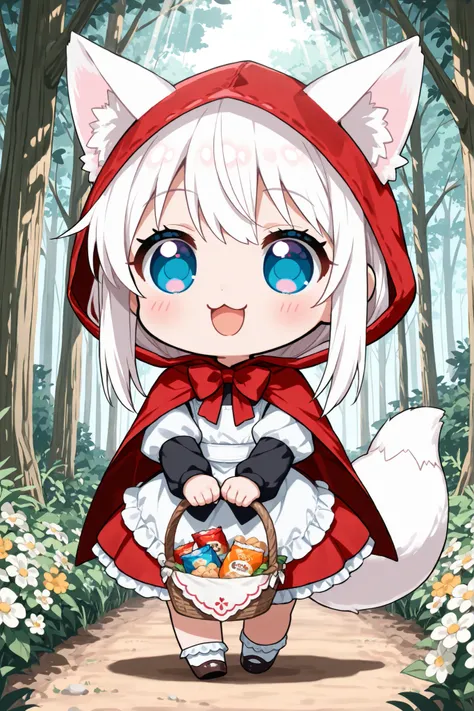 ((Masterpiece)),((best quality)),((incredibly absurdres)),((8K)),(anime style),
1 ((chibi girl)),(solo),white hair,long hair,straight hair,blue eyes,cute,kawaii,BREAK (white fox ears,white fox tail),white ear hair,pink inner ear,
Little Red Riding Hood cos...