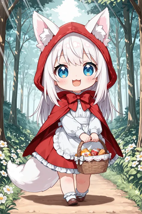 ((Masterpiece)),((best quality)),((incredibly absurdres)),((8K)),(anime style),
1 ((chibi girl)),(solo),white hair,long hair,straight hair,blue eyes,cute,kawaii,BREAK (white fox ears,white fox tail),white ear hair,pink inner ear,
Little Red Riding Hood cos...