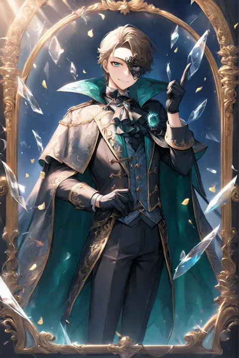 masterpiece, best quality, amazing quality, hyper-detailed, newest, very aesthetic, absurdres, highres, 1 boy, solo, A charismatic young nobleman seated in a confident pose amidst a surreal, dreamlike backdrop of shattered mirrors and ornate golden frames....