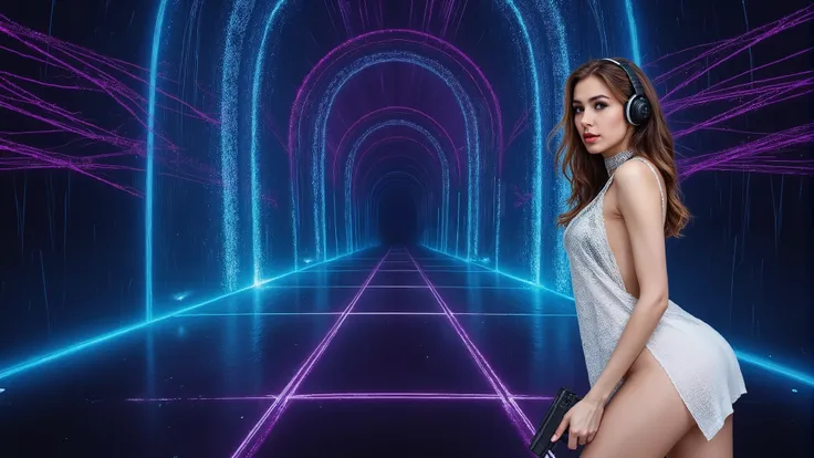 (high view. a vibrant sci-fi image depicting warp speed, with dynamic streams of purple and blue light bursting outward, creating an energetic and immersive 4K Ultra HD abstract curve background, 1drone, neon lights), rainy night. (1girl, solo, large-breas...