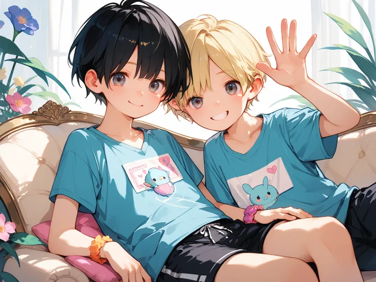 Two boys, (pretty and cute young boys), (short hair, black hair boy and blonde hair boy), happy smiles, pastel colored loungewear, shorts, (raising hands and waving), sitting side by side on sofa looking at viewer, perfect, cowboy shot, very detailed, perf...