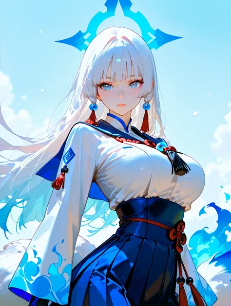 masterpiece, ultra-HD, impressionism, high detail, best quality, very aesthetic, 8k, best quality, sharp focus, depth of field,
hyper realistic, vibrant colors, film grain.
1woman, 30 years old, expressionless. white hair, blunt bangs, hime cut.
(nine-tailed fox, kyuubi).
large breasts.
holding big fan.
tassel, blue flame.
blue fire and white theme. 
shoot from side, waist shot, 
dynamic composition, dynamic angle.