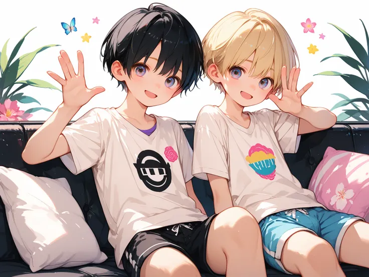 Two boys, (pretty and cute young boys), (short hair, black hair boy and blonde hair boy), happy smiles, pastel colored loungewear, shorts, (raising hands and waving), sitting side by side on sofa looking at viewer, perfect, cowboy shot, very detailed, perf...