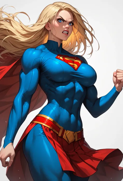  ((White background)) rathing_questionable, Friendly face ,(1 girl) (solo girl)  score_9,  score_8_up,   BREAK,  perfect face, 1 girl, (Super girl:1.4) ,Supergirl, blonde long hair, glowing blue eyes, powerful, radiant,(dark blue body suit super girl:1.4) ...