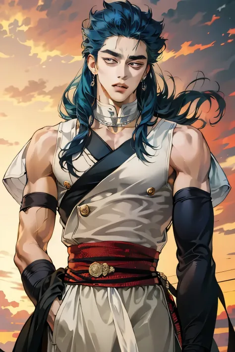 An animated man with blue hair and piercings is looking at the camera, tall anime guy with blue eyes, Cute Man Demon Slayer Art, male anime style, beautiful bisexual prince, Cool anime poses, high quality anime art style, anime handsome man, delicate and n...