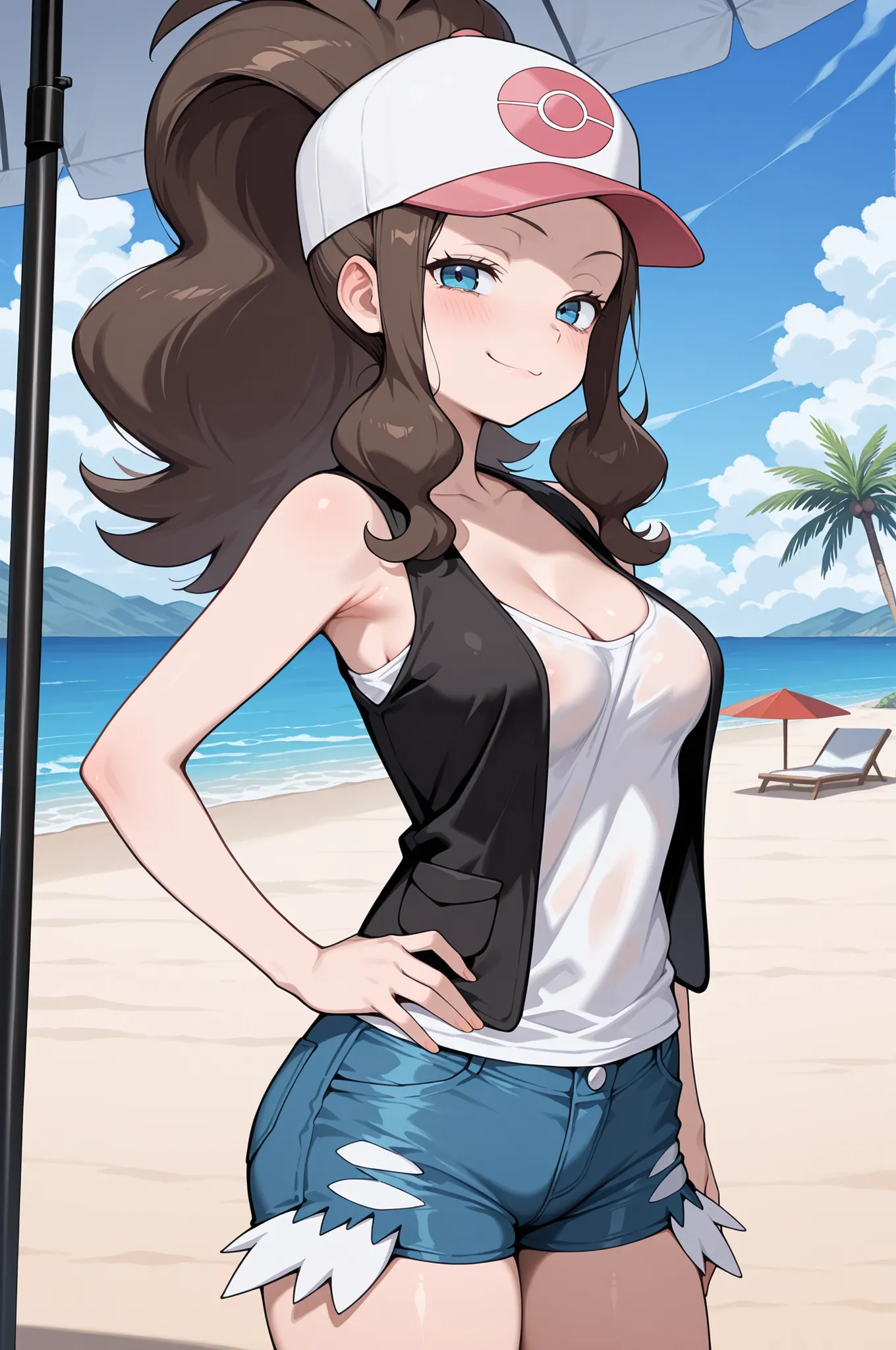 1girl,solo,(masterpiece, best quality, amazing quality:1.4),  hilda, hilda (pokemon), blue eyes, brown hair, long hair, ponytail, medium breasts, cleavage, mature female, anime screencap, baseball cap, blue shorts, denim, white shirt, no bra, sleeveless, b...