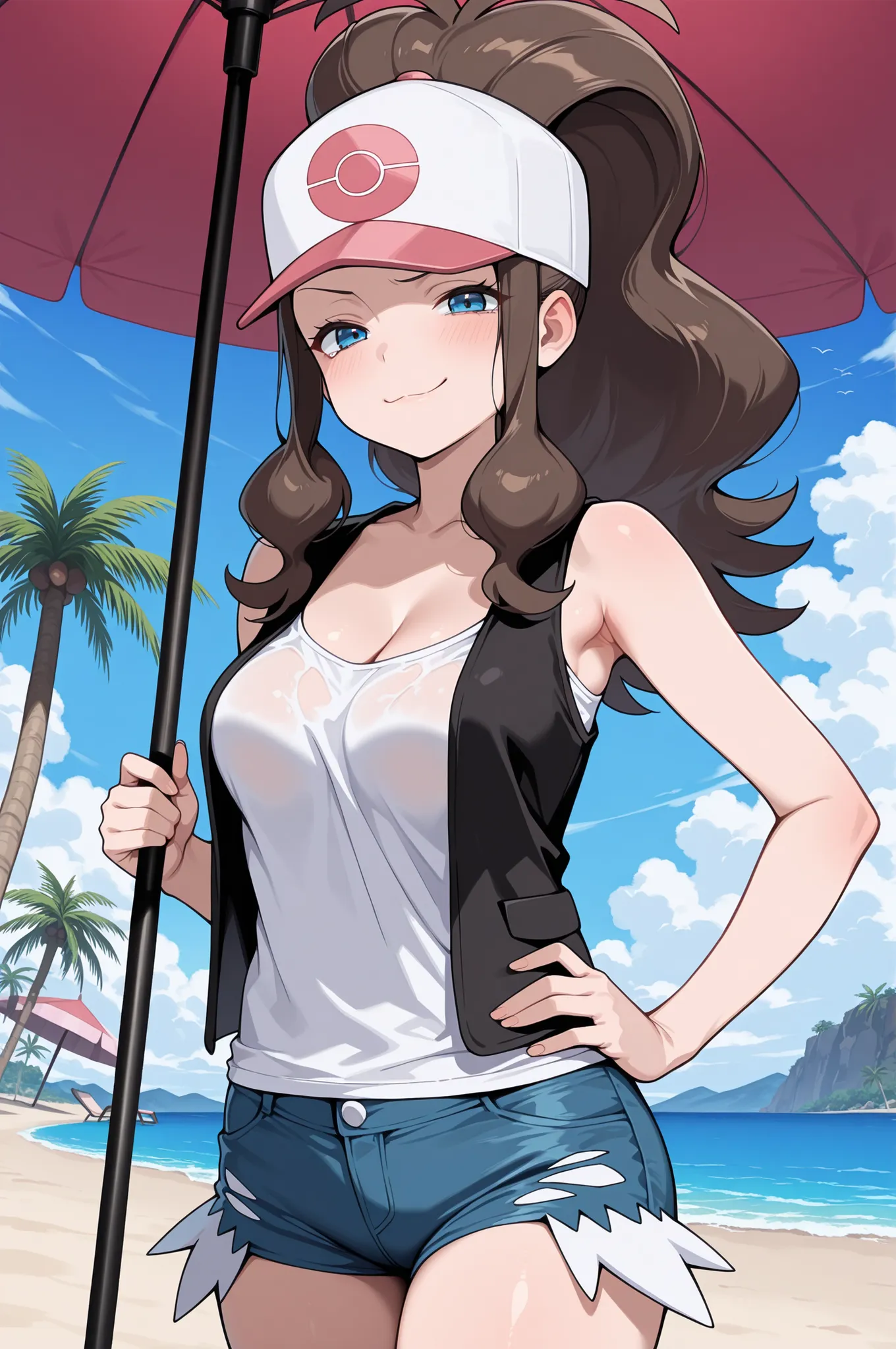1girl,solo,(masterpiece, best quality, amazing quality:1.4),  hilda, hilda (pokemon), blue eyes, brown hair, long hair, ponytail, medium breasts, cleavage, mature female, anime screencap, baseball cap, blue shorts, denim, white shirt, sleeveless, black ves...