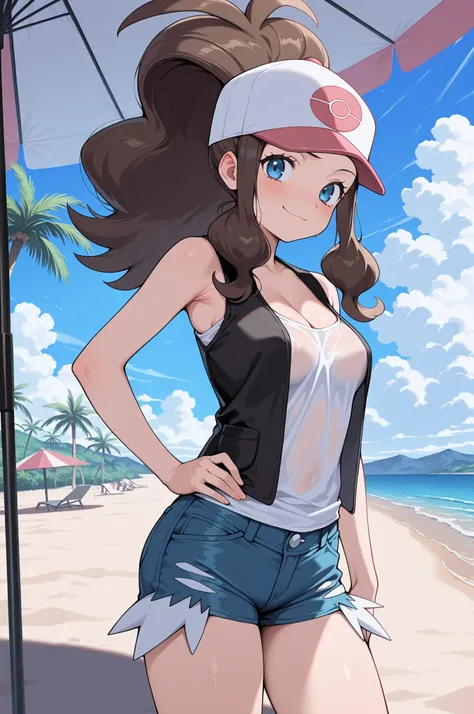 1girl,solo,(masterpiece, best quality, amazing quality:1.4),  hilda, hilda (pokemon), blue eyes, brown hair, long hair, ponytail, medium breasts, cleavage, mature female, anime screencap, baseball cap, blue shorts, denim, white shirt, no bra, sleeveless, b...