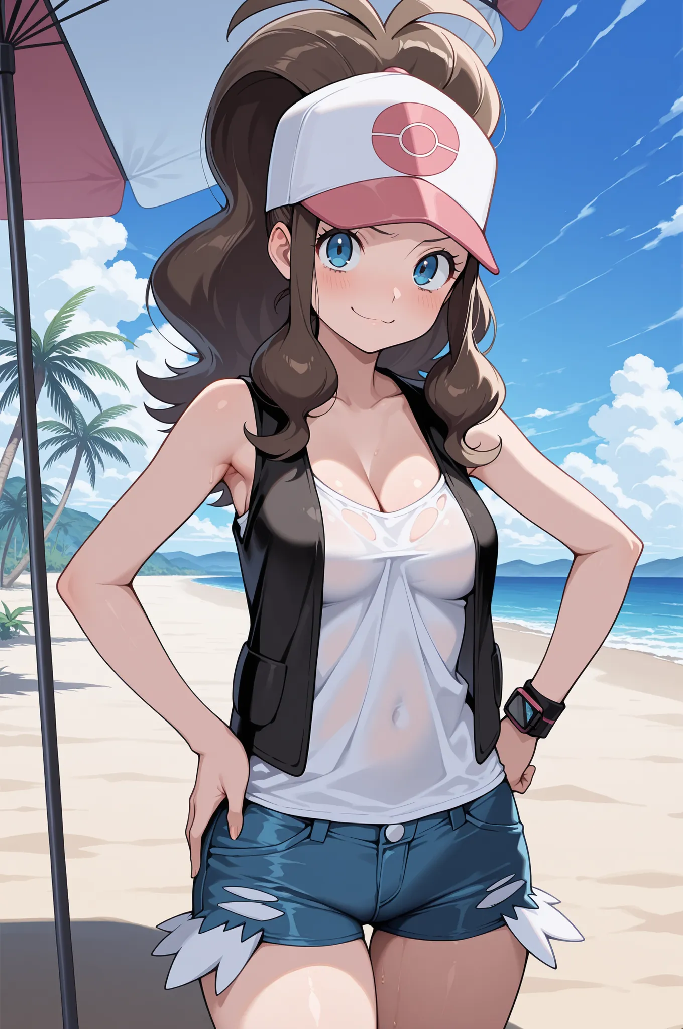 1girl,solo,(masterpiece, best quality, amazing quality:1.4),  hilda, hilda (pokemon), blue eyes, brown hair, long hair, ponytail, medium breasts, cleavage, mature female, anime screencap, baseball cap, blue shorts, denim, white shirt, sleeveless, black ves...