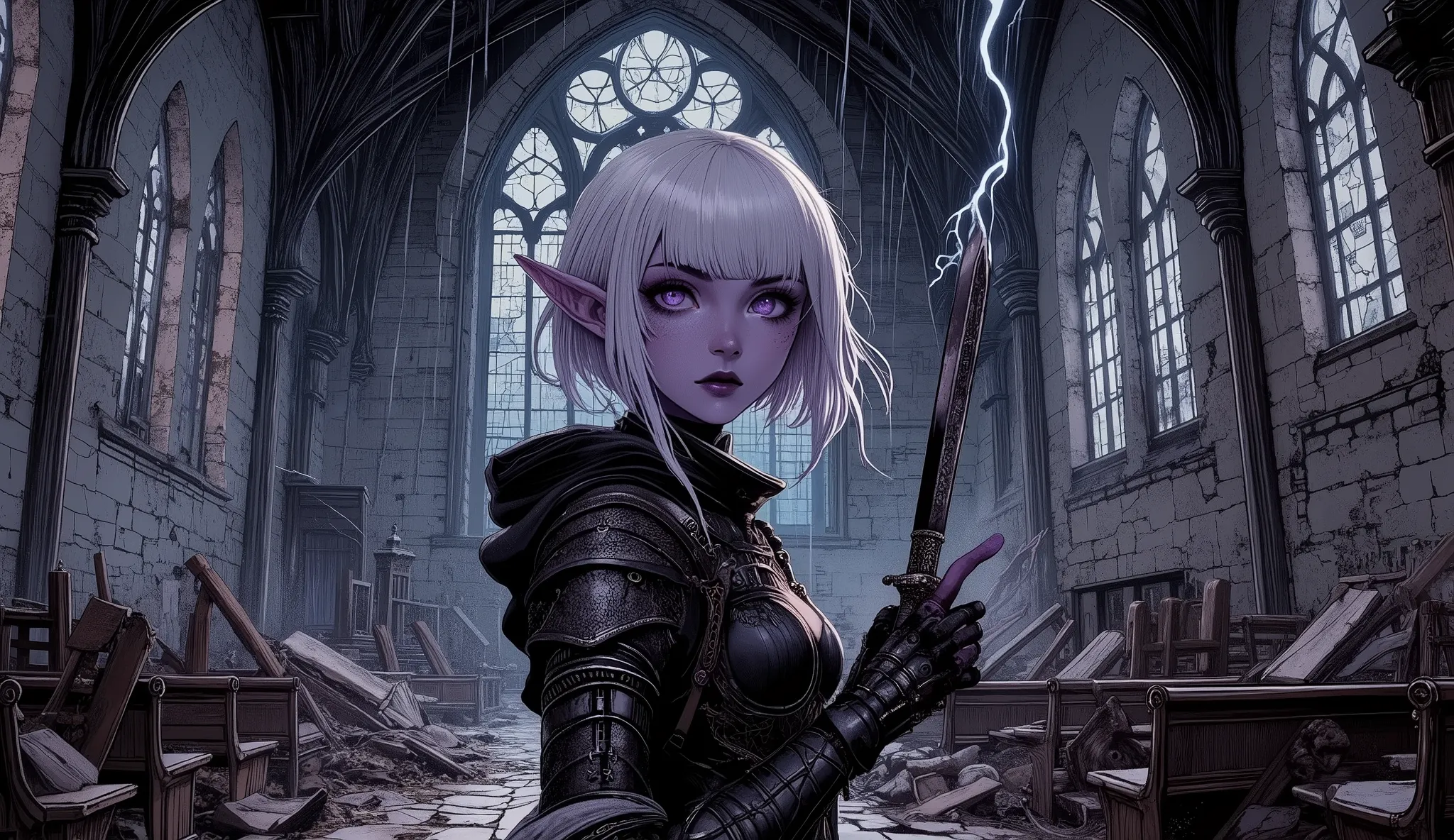 (A fusion of Ukiyo-e and dark fantasy. Aesthetic and gothic digital art. Illustration from a bird's eye view.) BREAK (White hair. Blunt bangs. White eyebrows. Long white eyelashes. Almond-shaped eyes. Lavender eyes. Dark, thick eyeliner. Small pink lips. S...