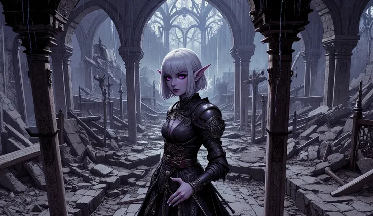 (A fusion of Ukiyo-e and dark fantasy. Aesthetic and gothic digital art. Illustration from a bird's eye view.) BREAK (White hair. Blunt bangs. White eyebrows. Long white eyelashes. Almond-shaped eyes. Lavender eyes. Dark, thick eyeliner. Small pink lips. S...