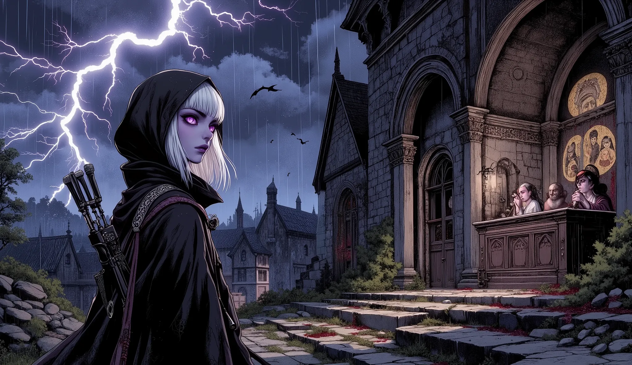 (A fusion of Ukiyo-e and dark fantasy. Aesthetic and gothic digital art. Illustration from a bird's eye view.) BREAK (White hair. Blunt bangs. White eyebrows. Long white eyelashes. Almond-shaped eyes. Lavender eyes. Dark, thick eyeliner. Small pink lips. S...