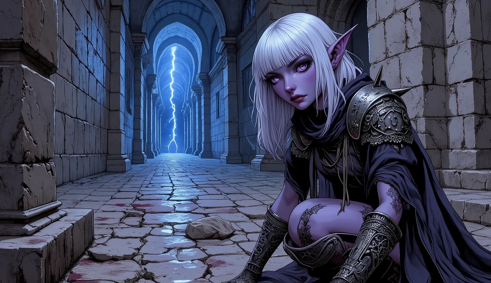 (A fusion of Ukiyo-e and dark fantasy. Aesthetic and gothic digital art. Illustration from a bird's eye view.) BREAK (White hair. Blunt bangs. White eyebrows. Long white eyelashes. Almond-shaped eyes. Lavender eyes. Dark, thick eyeliner. Small pink lips. S...