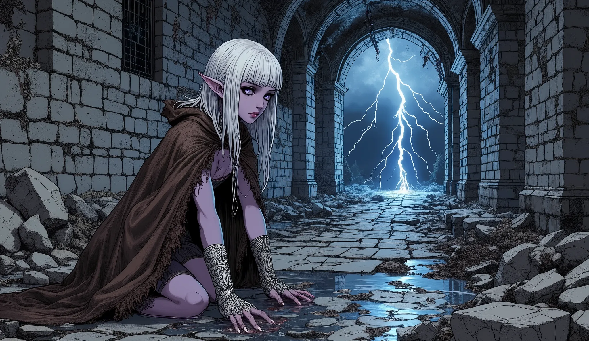 (A fusion of Ukiyo-e and dark fantasy. Aesthetic and gothic digital art. Illustration from a bird's eye view.) BREAK (White hair. Blunt bangs. White eyebrows. Long white eyelashes. Almond-shaped eyes. Lavender eyes. Dark, thick eyeliner. Small pink lips. S...