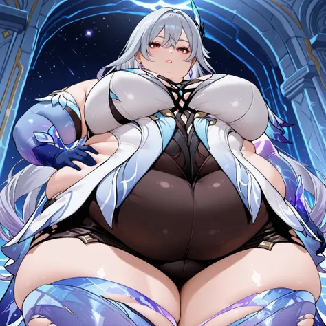 anime screencap, masterpiece, best quality,
1girl, solo, parted lips,
 1girl, solo, mature female, skirk \(genshin impact\), genshin impact, 1girl, solo, breasts, long hair, gloves, thighhighs, looking at viewer, elbow gloves, hand on hip, bangs, hair orna...