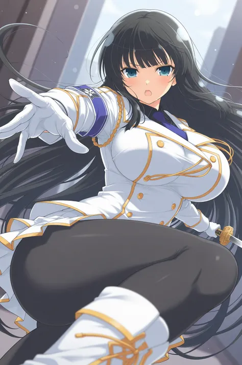 1girl ,ikaruga (senran kagura) ,armband ,black hair ,black shirt ,blue eyes ,blue necktie ,blunt bangs ,blunt ends ,blunt sidelocks ,blunt tresses ,blush ,bokeh ,boots ,bouncing breasts ,breasts ,buttons ,depth of field ,double-breasted ,dutch angle ,face ...