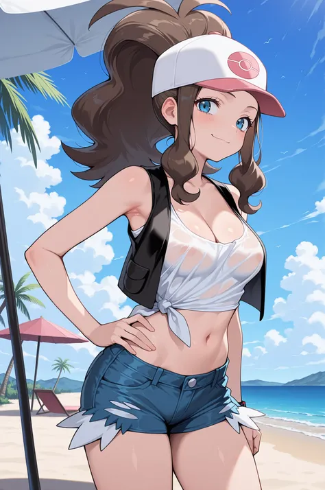 1girl,solo,(masterpiece, best quality, amazing quality:1.4),  hilda, hilda (pokemon), blue eyes, brown hair, long hair, ponytail, medium breasts, cleavage, mature female, anime screencap, baseball cap, blue shorts, denim, white shirt, no bra, crop top, tie...